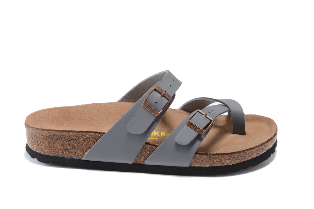 Birkenstock Mayari Sandal Gray Birko-Flor with Rose Gold Buckles