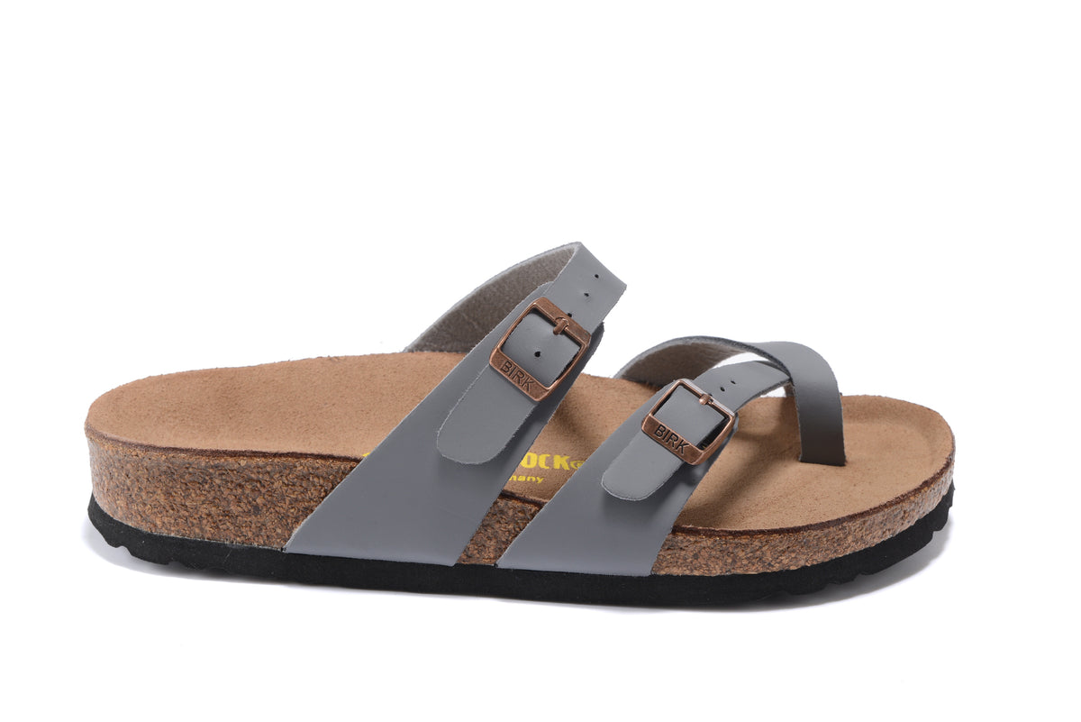 Birkenstock Mayari Sandal Gray Birko-Flor with Rose Gold Buckles