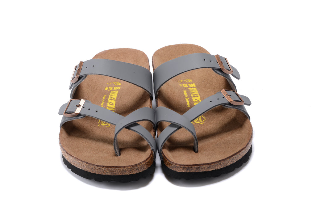 Birkenstock Mayari Sandal Gray Birko-Flor with Rose Gold Buckles
