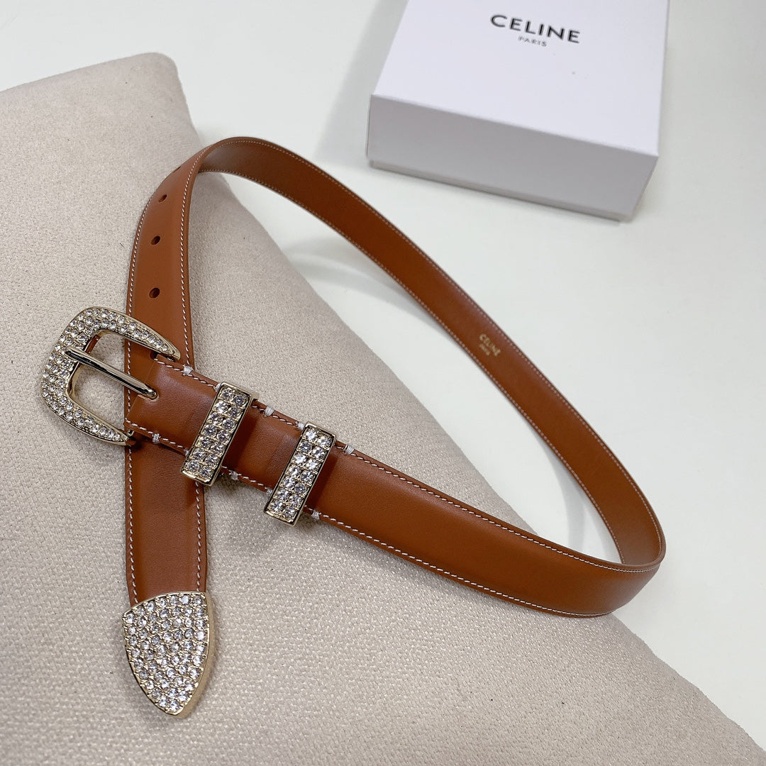 CL 25 MM MARCO BELT WITH STRASS IN BRONZE BROWN CALFSKIN GOLD HARDWARE