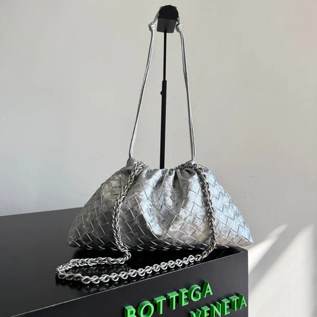 Bottega Veneta 2026 Dustbag 33cm Silver Intrecciato Lamina Satin Leather