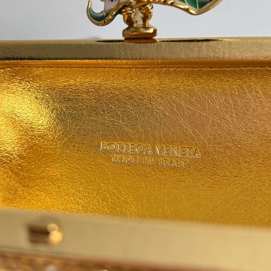 Bottega Veneta 2026 Knot Embellished Clutch 19cm Gold Crystal Leather Minaudière