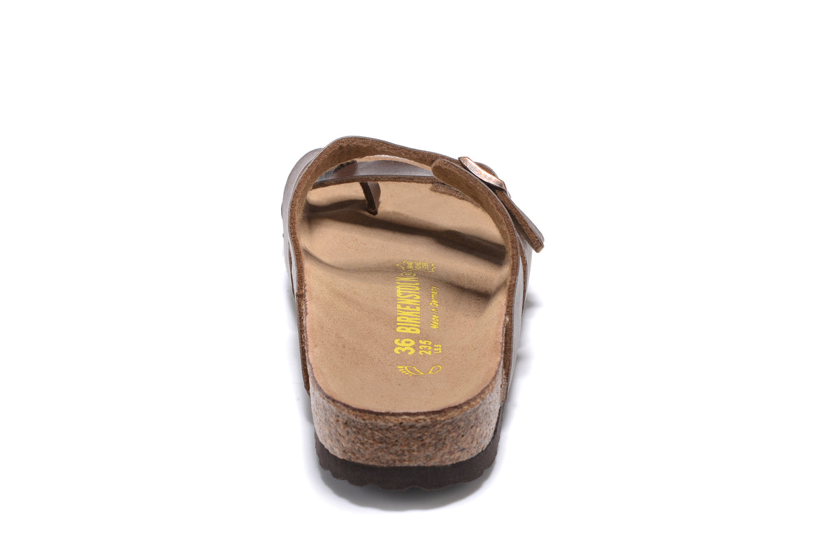 Birkenstock Mayari Sandal Dark Brown Birko-Flor with Rose Gold Buckles