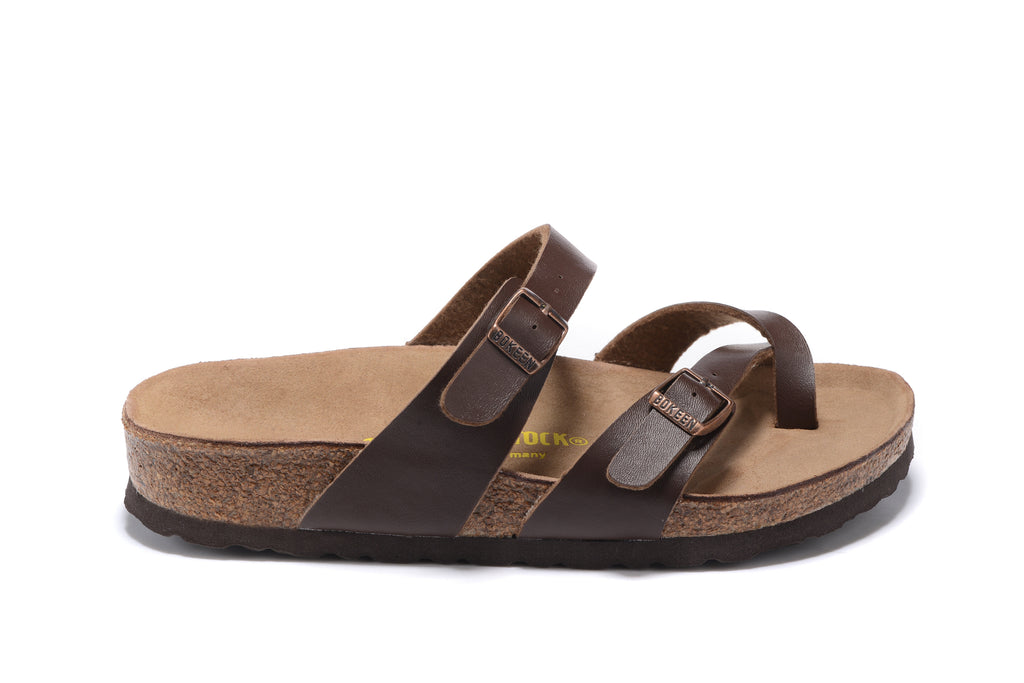Birkenstock Mayari Sandal Dark Brown Birko-Flor with Rose Gold Buckles