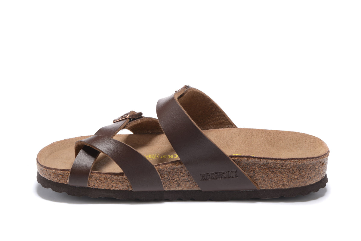 Birkenstock Mayari Sandal Dark Brown Birko-Flor with Rose Gold Buckles