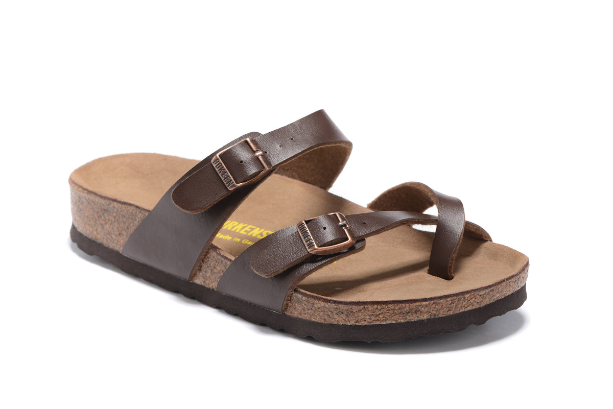 Birkenstock Mayari Sandal Dark Brown Birko-Flor with Rose Gold Buckles