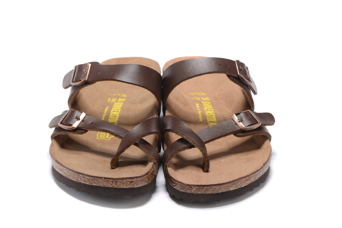 Birkenstock Mayari Sandal Dark Brown Birko-Flor with Rose Gold Buckles
