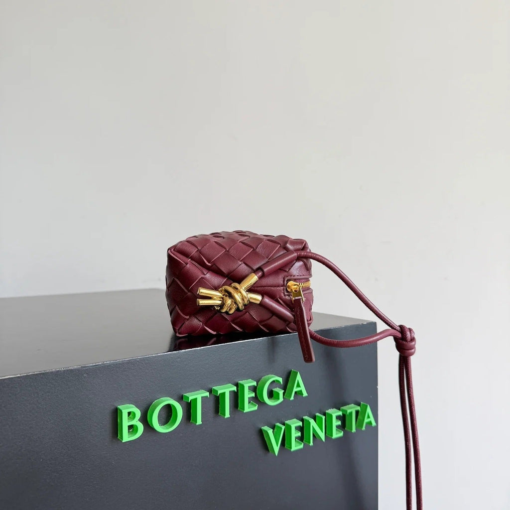 Bottega Veneta 2026 Mini Loop Metal Knot Camera Bag 17cm Burgundy Lambskin