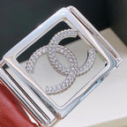 Chanel Rhinestones CC Square Buckle Belt Red Silver in Calfskin 205352