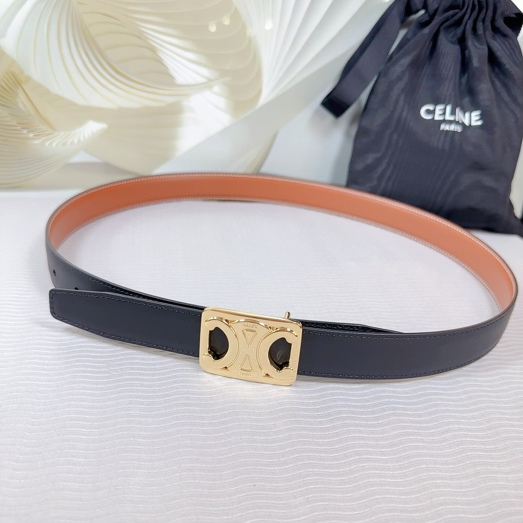 CL MEDIUM 25 MM REVERSIBLE FRAMED TRIOMPHE BELT BLACK AND BRONZE BROWN CALFSKIN LIGHT GOLD HARDWARE