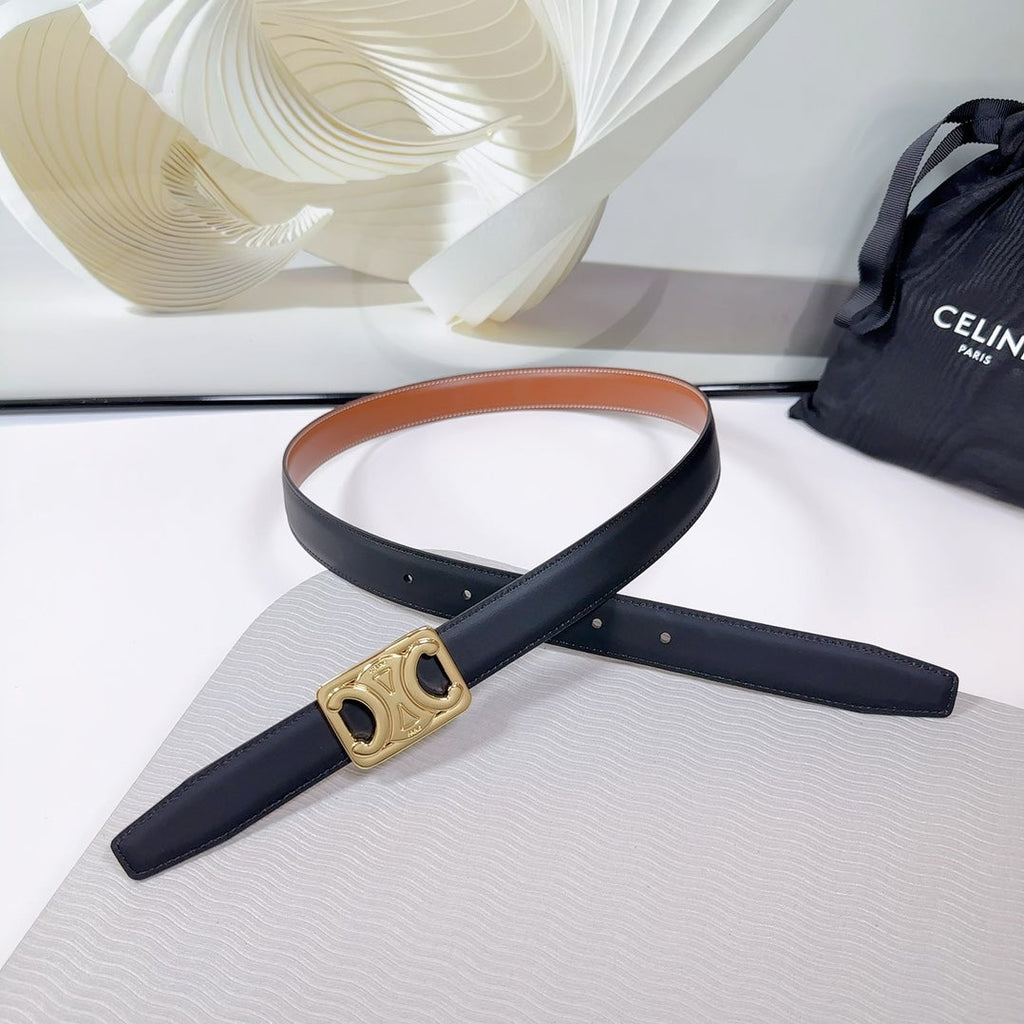 CL MEDIUM 25 MM REVERSIBLE FRAMED TRIOMPHE BELT BLACK AND BRONZE BROWN CALFSKIN LIGHT GOLD HARDWARE