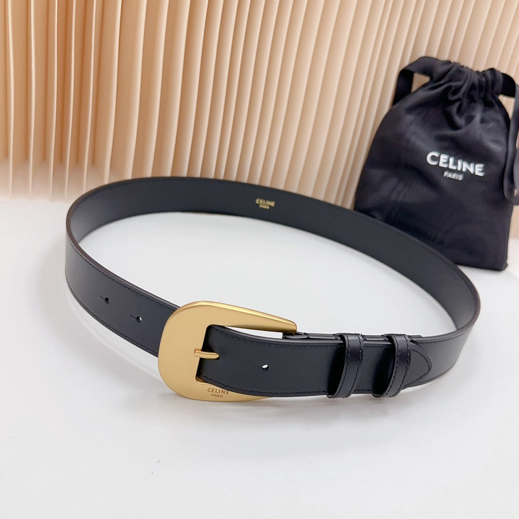 LARGE WESTERN 35 MM BELT BLACK CALFSKIN GOLD HARDWARE