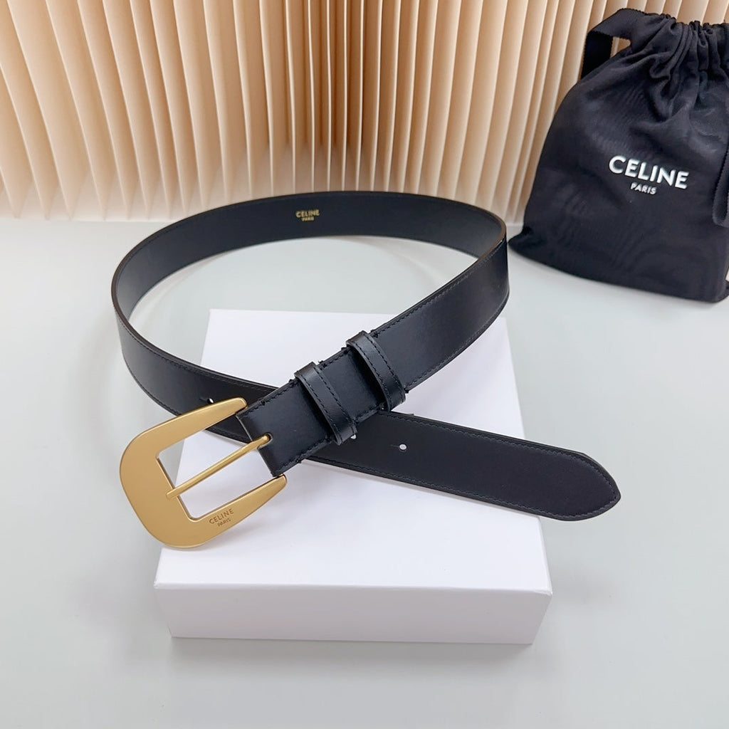 LARGE WESTERN 35 MM BELT BLACK CALFSKIN GOLD HARDWARE