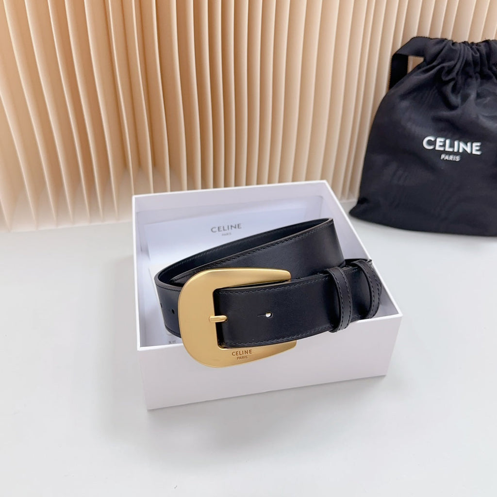 LARGE WESTERN 35 MM BELT BLACK CALFSKIN GOLD HARDWARE