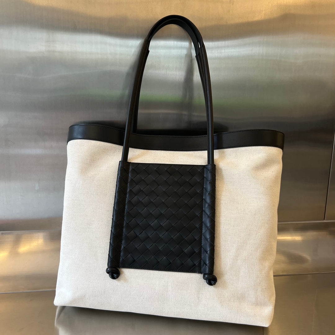 PORTELLO TOTE 53 IN BLACK CALFSKIN AND WHITE CANVAS