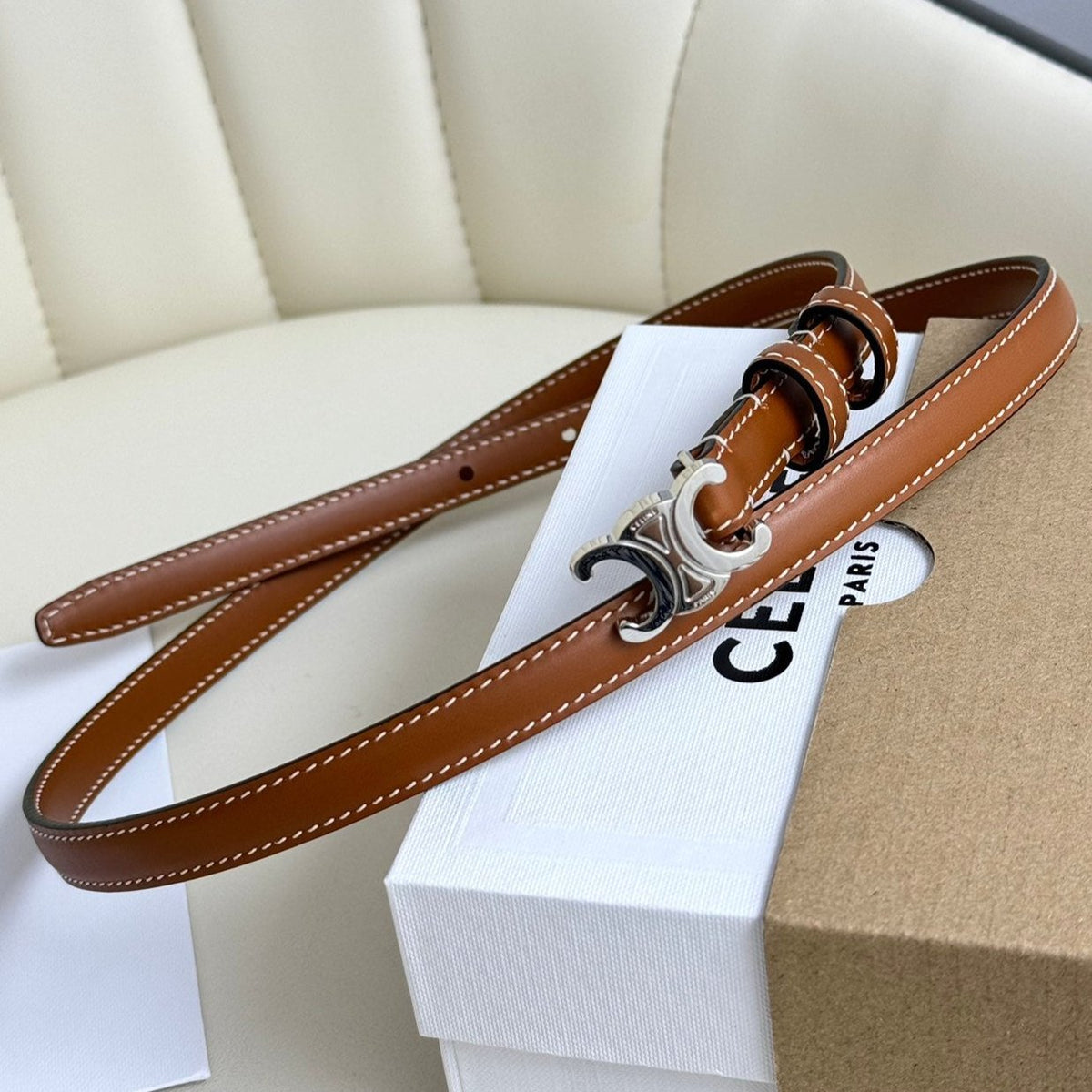 MINI TRIOMPHE BELT 13 MM BRONZE BROWN LEATHER SILVER HARDWARE