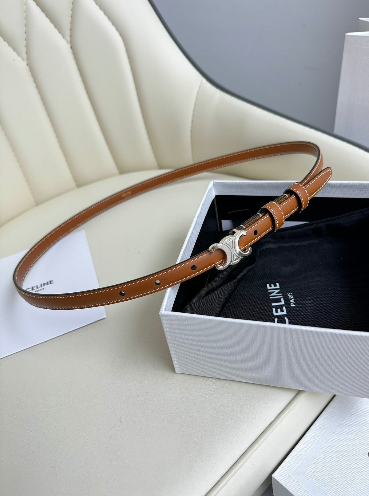MINI TRIOMPHE BELT 13 MM BRONZE BROWN LEATHER SILVER HARDWARE