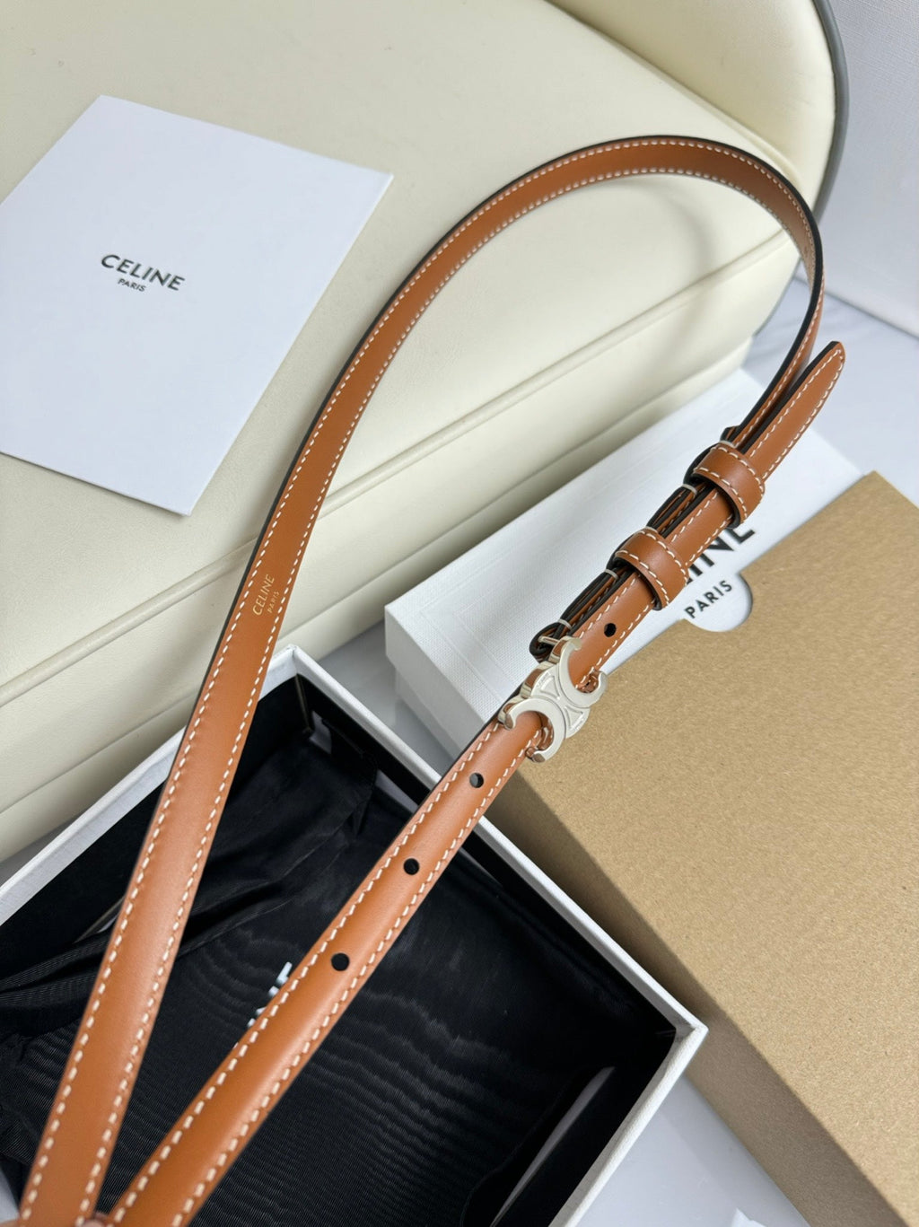 MINI TRIOMPHE BELT 13 MM BRONZE BROWN LEATHER SILVER HARDWARE