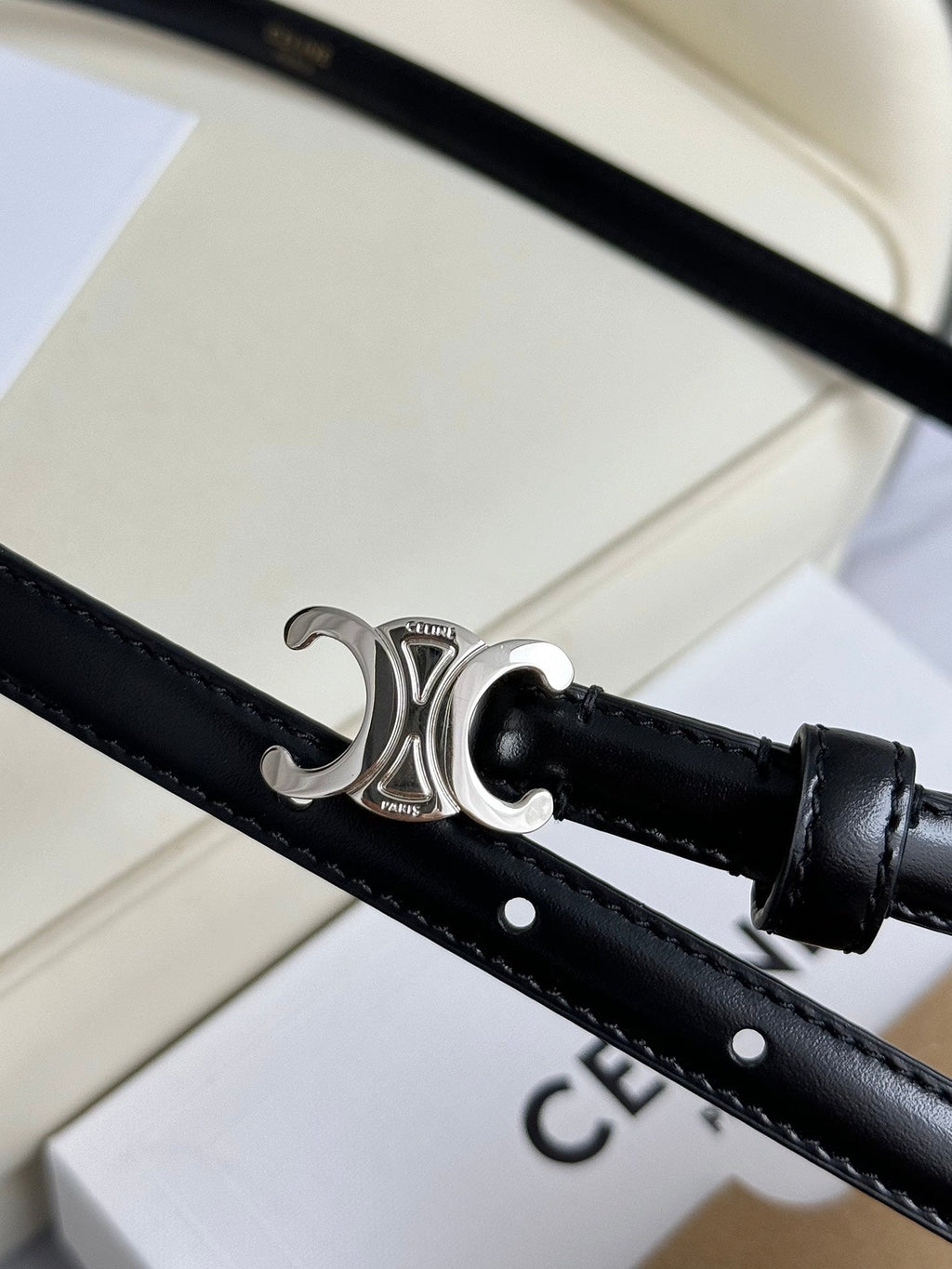 MINI TRIOMPHE BELT 13 MM BLACK LEATHER SILVER HARDWARE