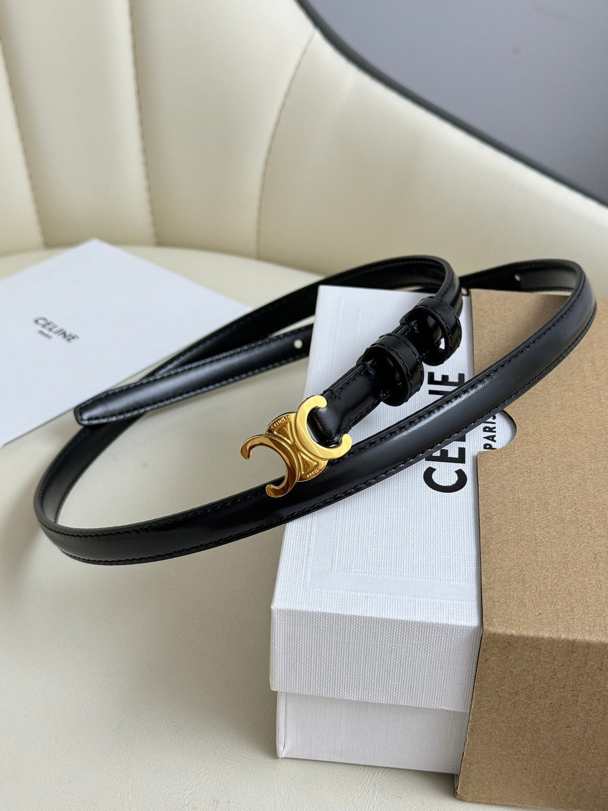 MINI TRIOMPHE BELT 13 MM BLACK LEATHER GOLD HARDWARE