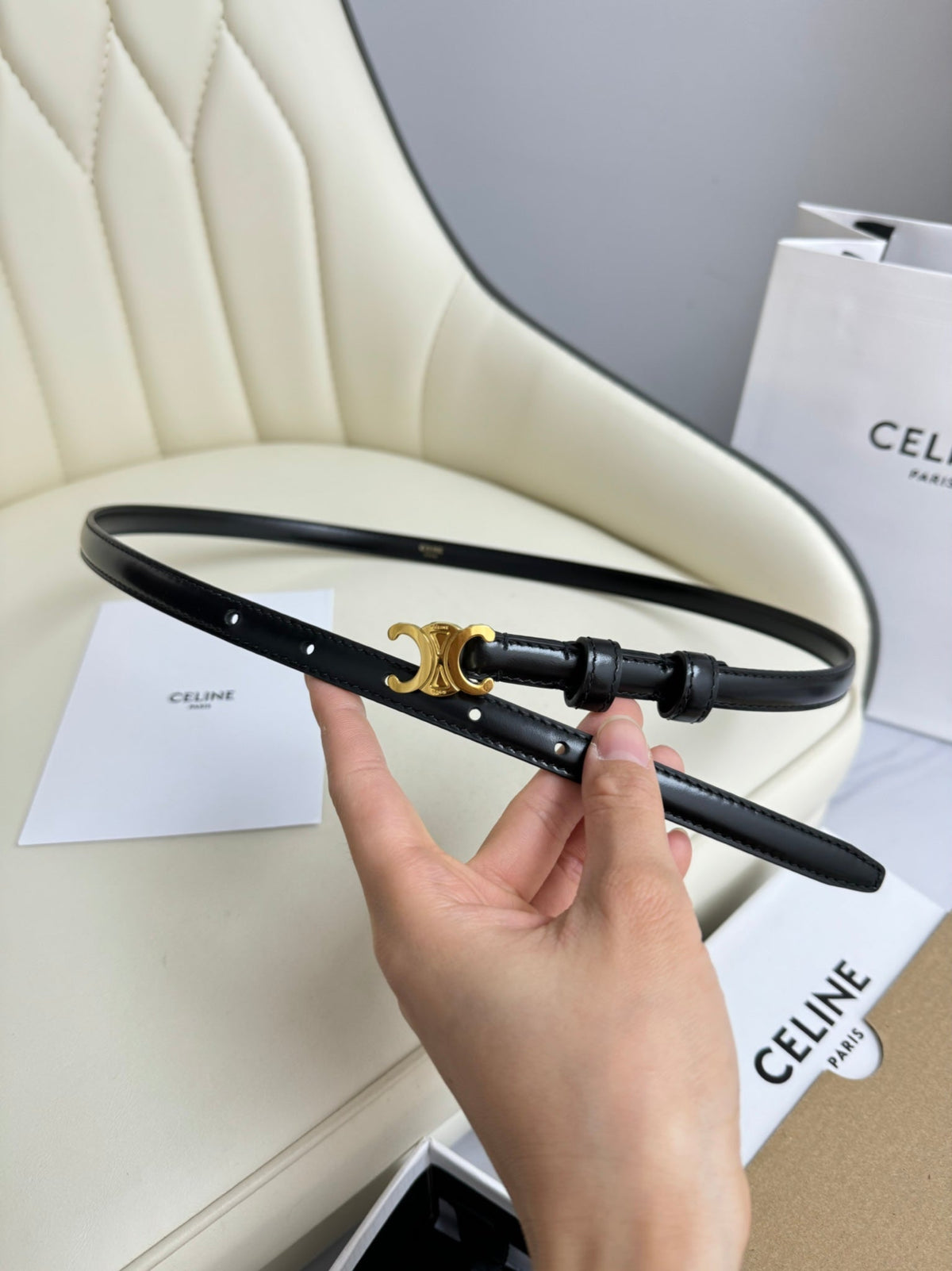 MINI TRIOMPHE BELT 13 MM BLACK LEATHER GOLD HARDWARE