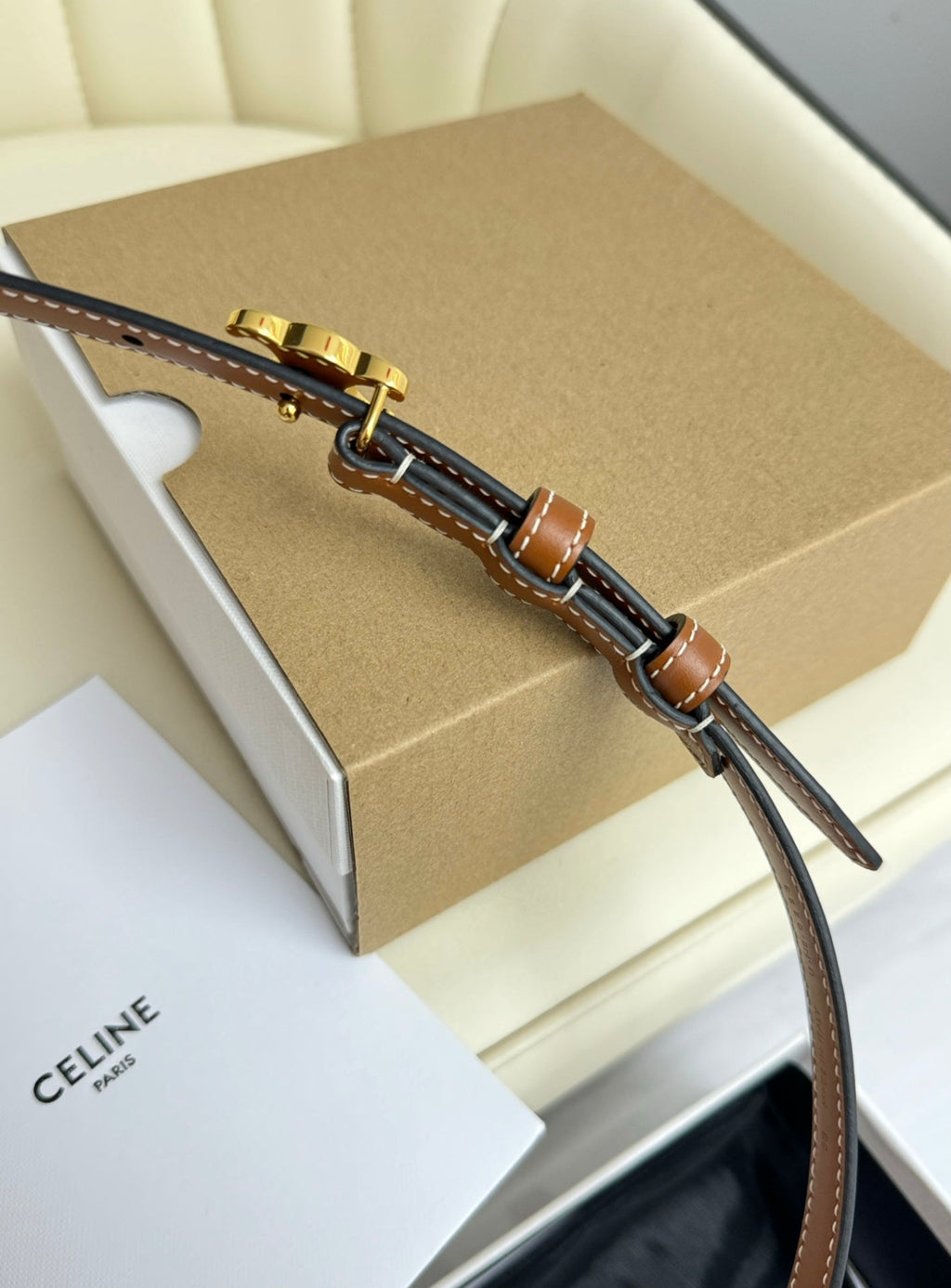 MINI TRIOMPHE BELT 13 MM BRONZE BROWN LEATHER GOLD HARDWARE