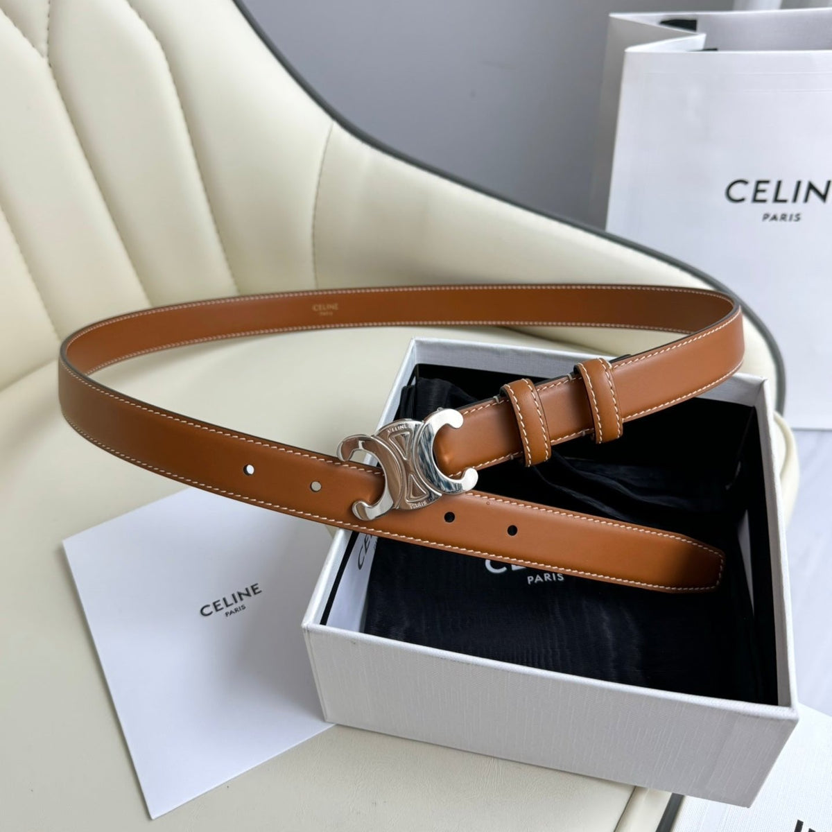 SMALL TRIOMPHE BELT 18 MM BRONZE BROWN LEATHER SILVER HARDWARE