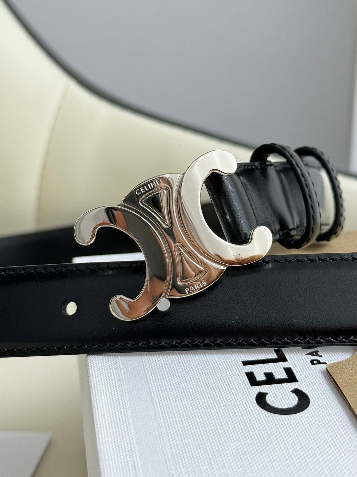 SMALL TRIOMPHE BELT 18 MM BLACK LEATHER SILVER HARDWARE