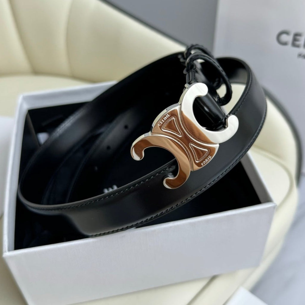MEDIUM TRIOMPHE BELT 25MM BLACK LEATHER SILVER HARDWARE
