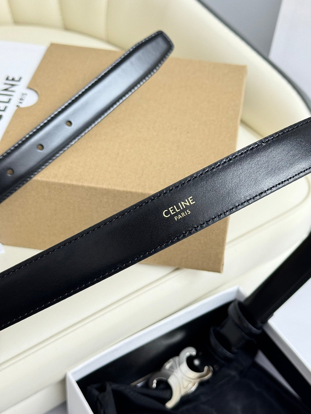 MEDIUM TRIOMPHE BELT 25MM BLACK LEATHER SILVER HARDWARE