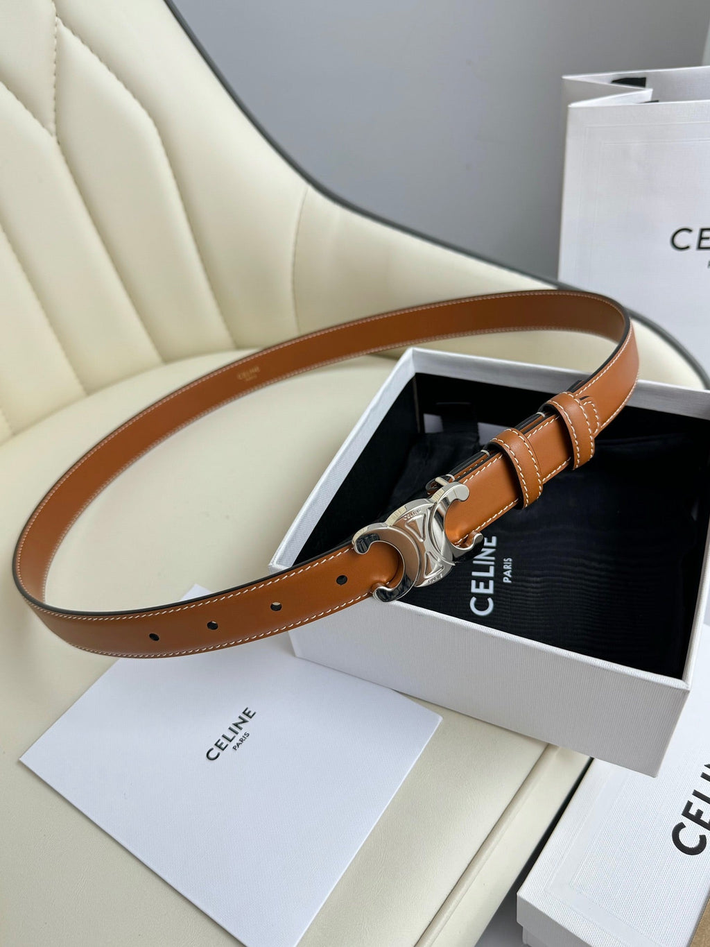 MEDIUM TRIOMPHE BELT 25MM BRONZE BROWN LEATHER SILVER HARDWARE