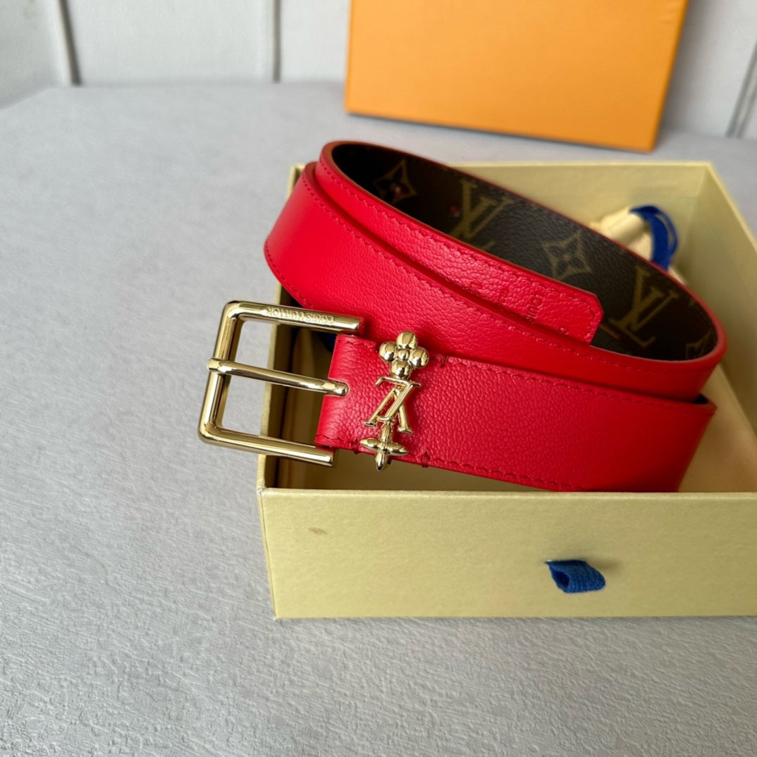 LV BLOOM 30MM BELT IN ROSE RED CALFSKIN GOLD HARDWARE