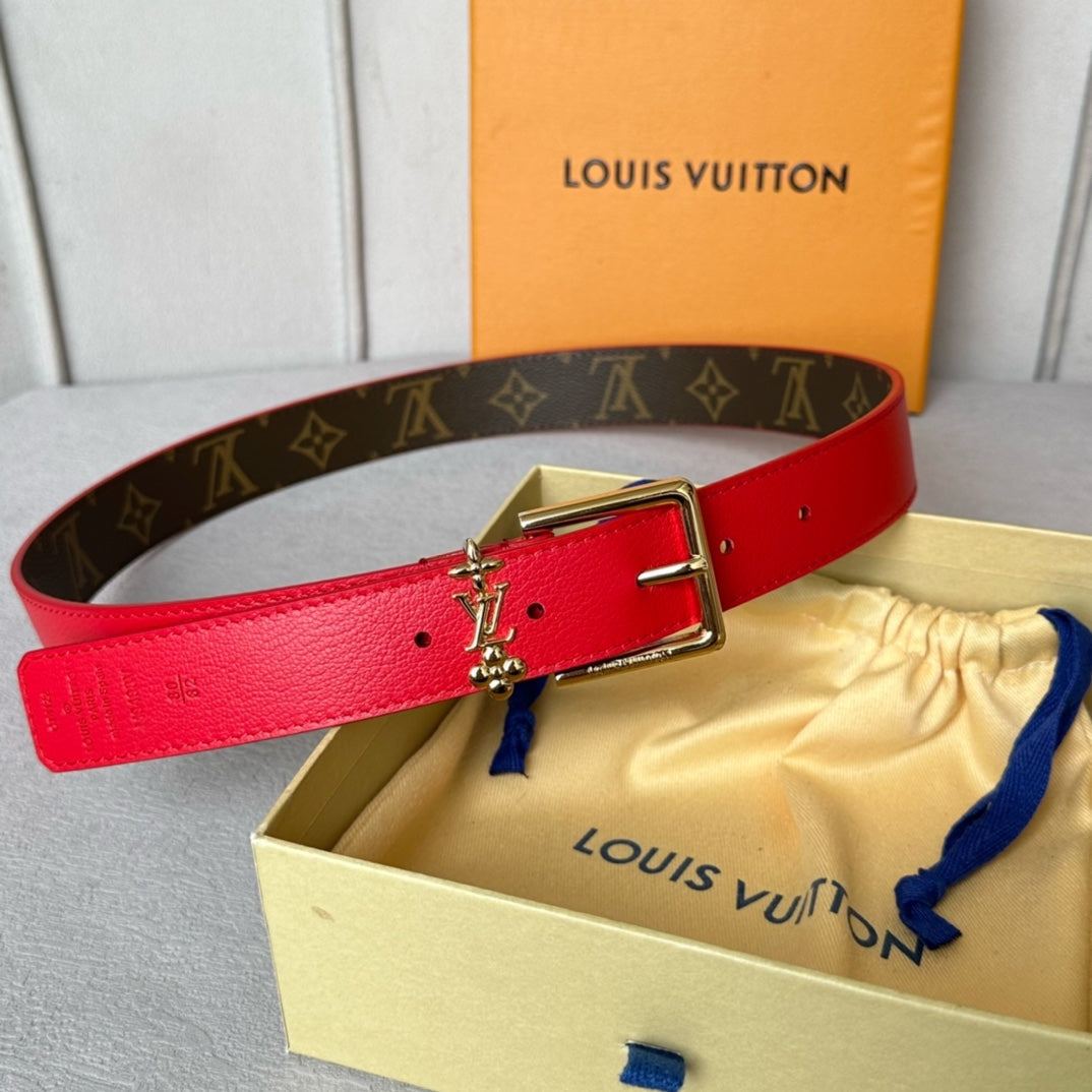 LV BLOOM 30MM BELT IN ROSE RED CALFSKIN GOLD HARDWARE