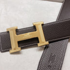 HM H D'ANCRE BELT BUCKLE & REVERSIBLE BLACK AND CHOCOLATE BROWN LEATHER STRAP 38 MM GOLD HARDWARE