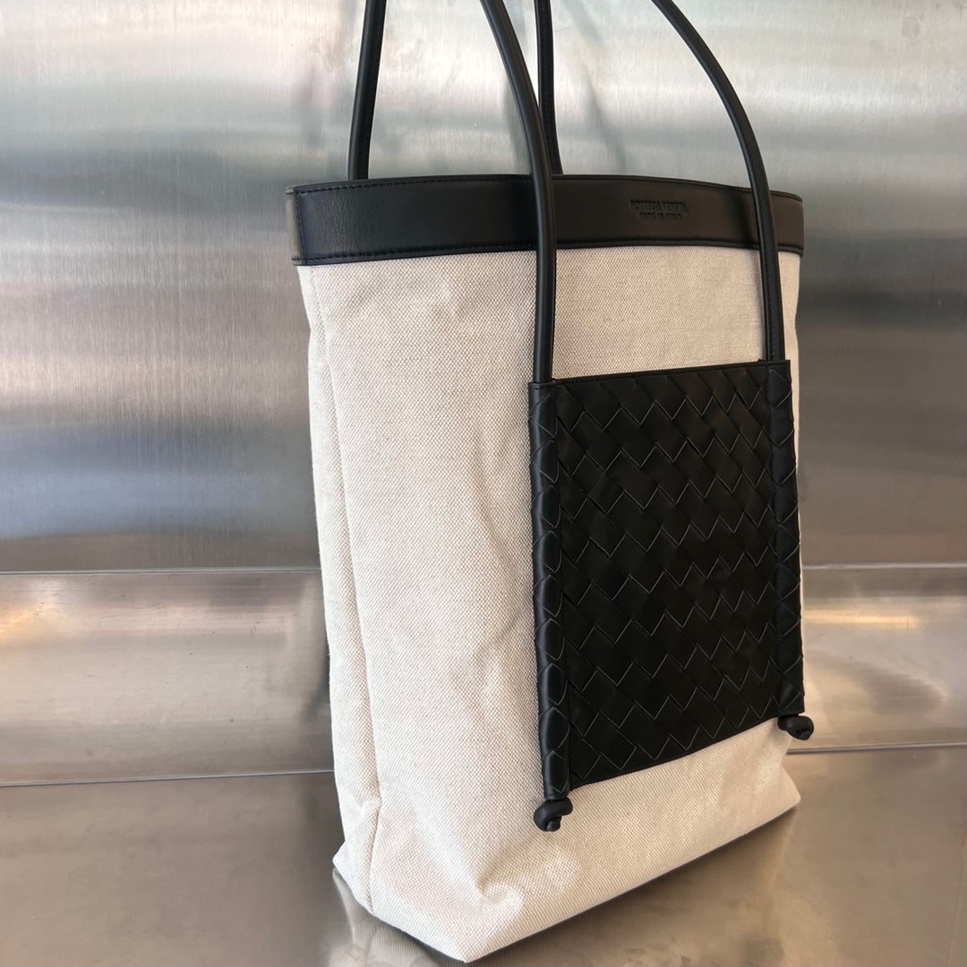 PORTELLO 41 TOTE IN BLACK CALFSKIN AND WHITE CANVAS