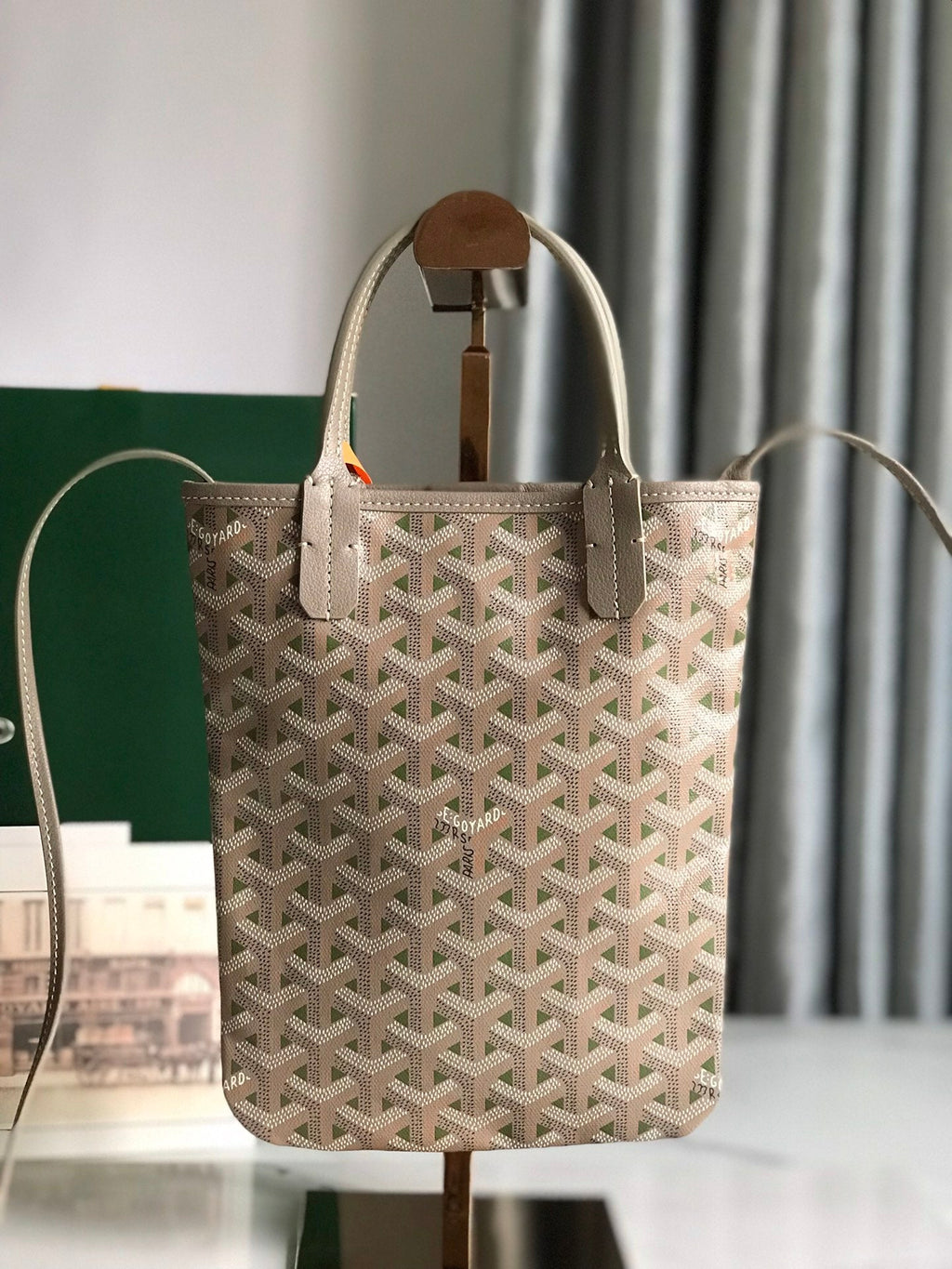 POITIERS CLAIRE-VOIE BAG 24 IN GREY MIX GREEN GOYARDINE CANVAS AND CALFSKIN