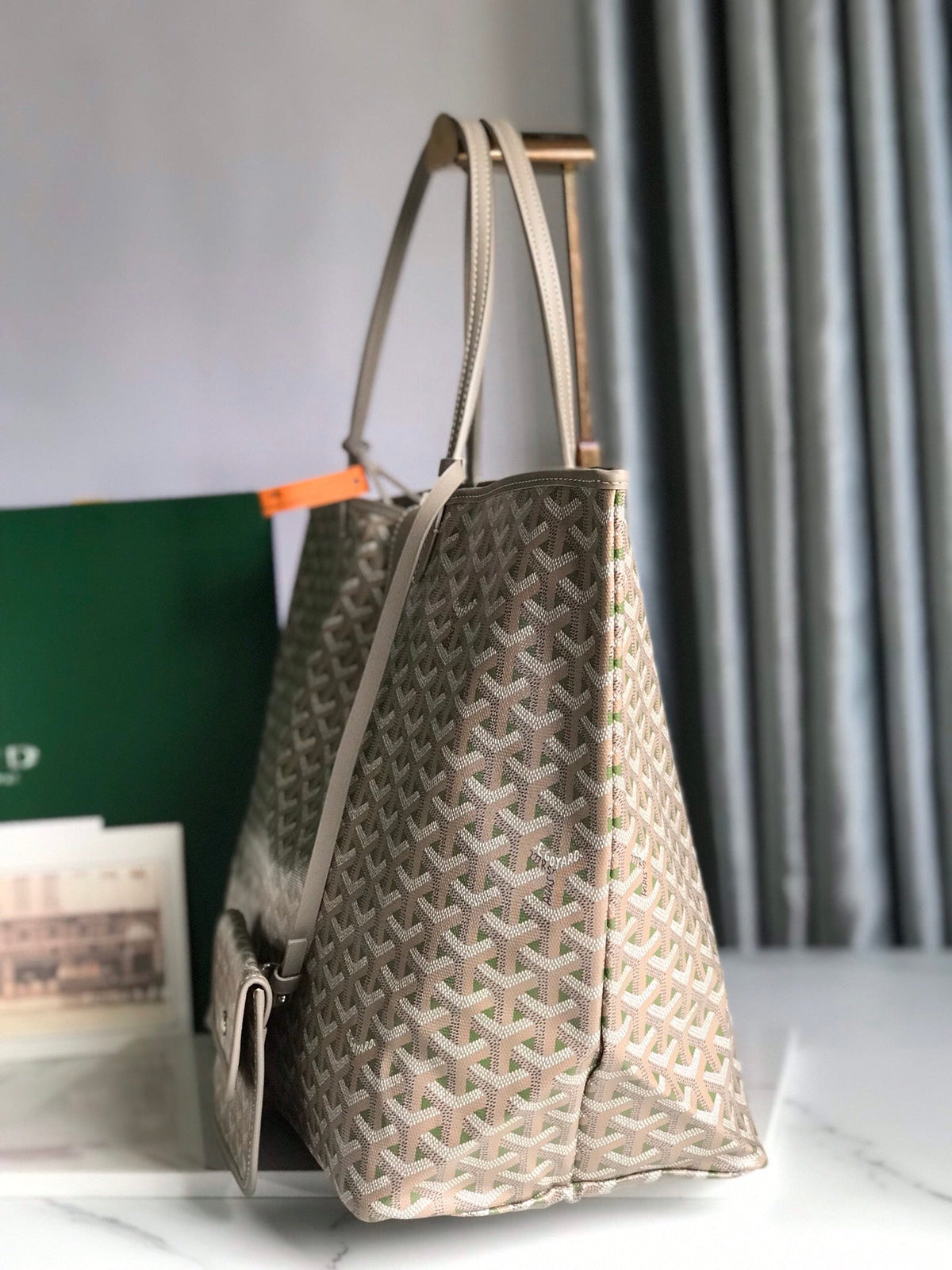 SAINT LOUIS PM 40 IN GREY MIX GREEN GOYARDINE CANVAS AND CALFSKIN