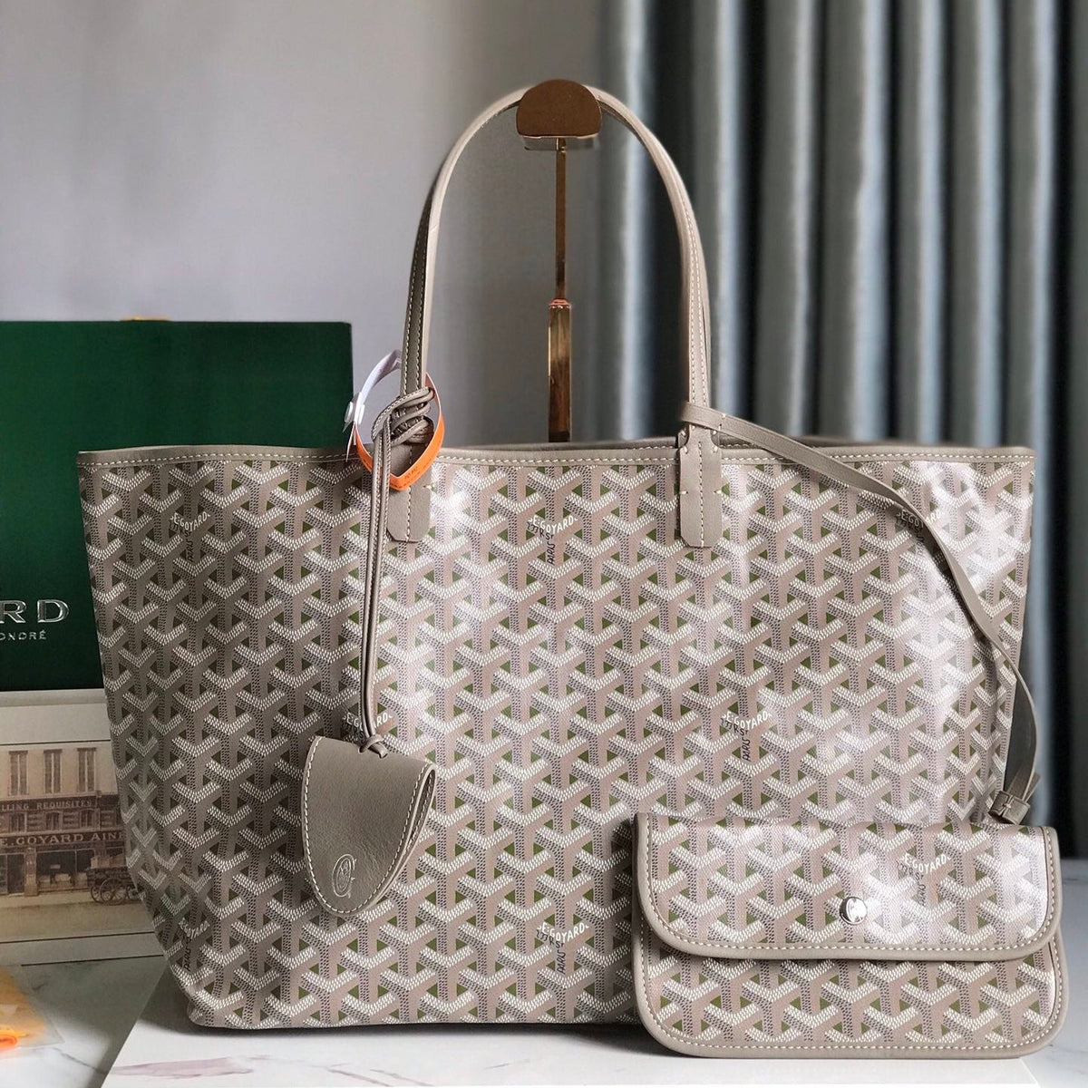SAINT LOUIS PM 34 IN GREY MIX GREEN GOYARDINE CANVAS AND CALFSKIN