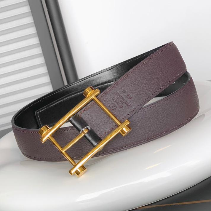 HM REVERSIBLE BLACK AND CHESTNUT BROWN LEATHER STRAP 32 MM GOLD HARDWARE