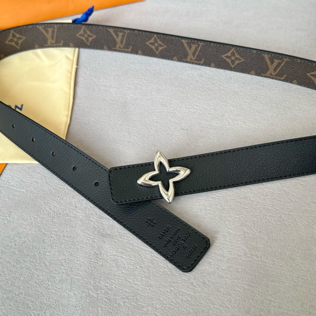 LV  MINI FLOWERGRAM 30MM REVERSIBLE BELT IN BLACK CALFSKIN SILVER HARDWARE