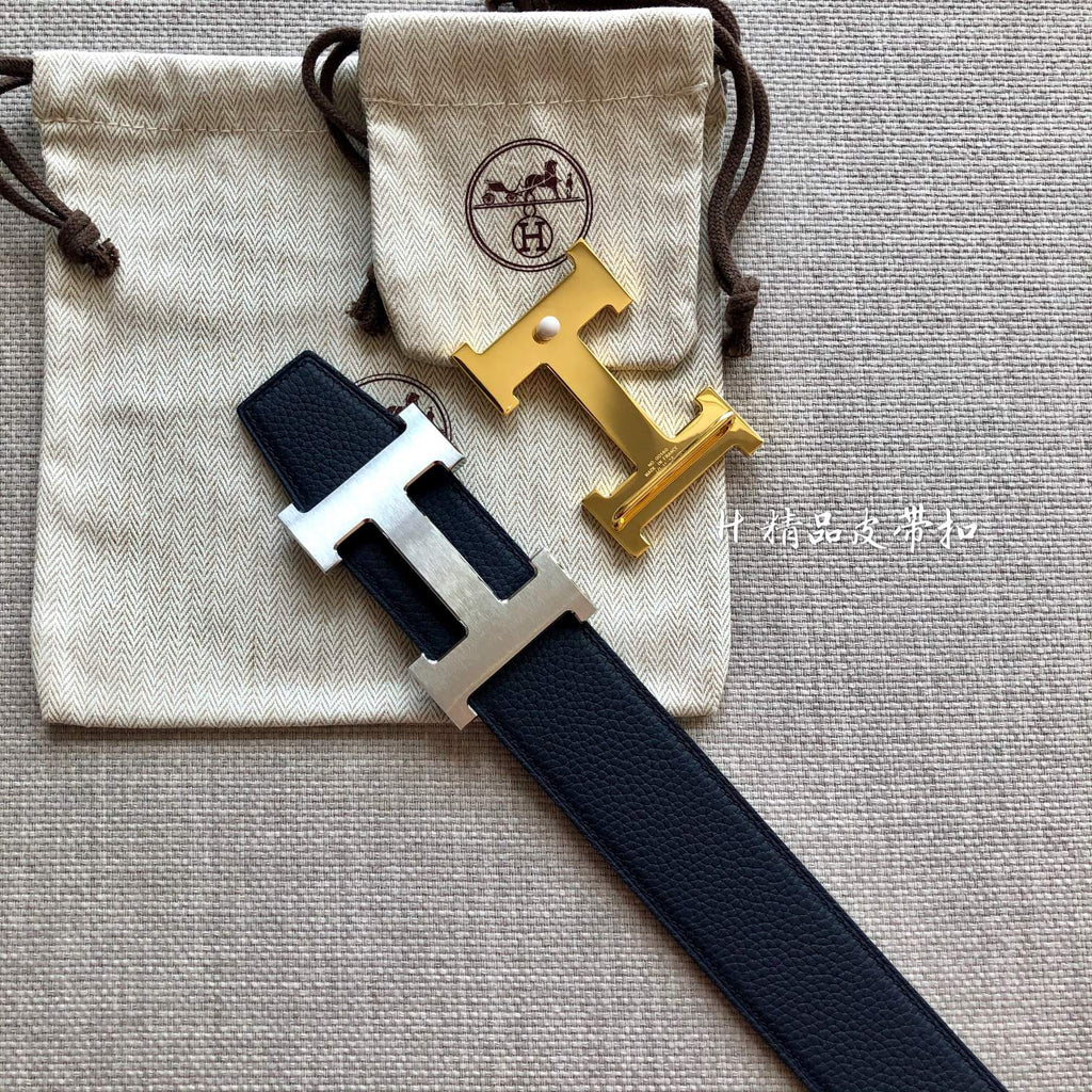 HM BELT BUCKLE & REVERSIBLE BLACK LEATHER STRAP 38MM GOLD HARDWARE