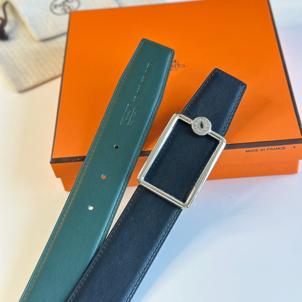TUBE H BELT BUCKLE & REVERSIBLE TEAL GREEN AND BLACK LEATHER STRAP 38MM SILVER HARDWARE