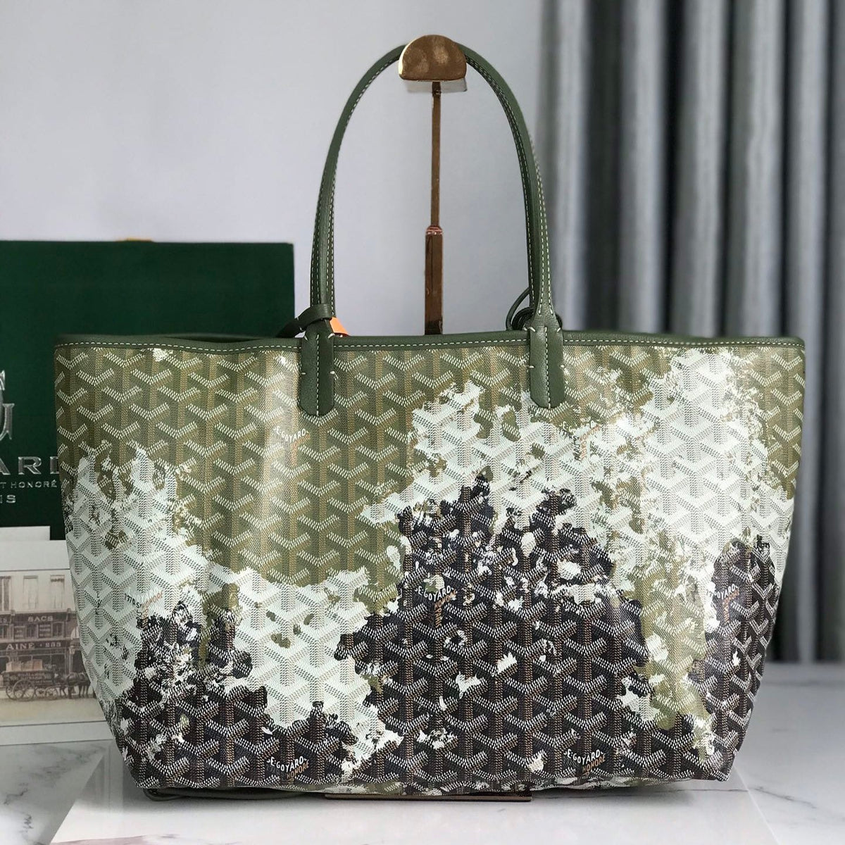 SAINT LOUIS PM BAG 34 IN GREEN MIX BLACK GOYARDINE CANVAS