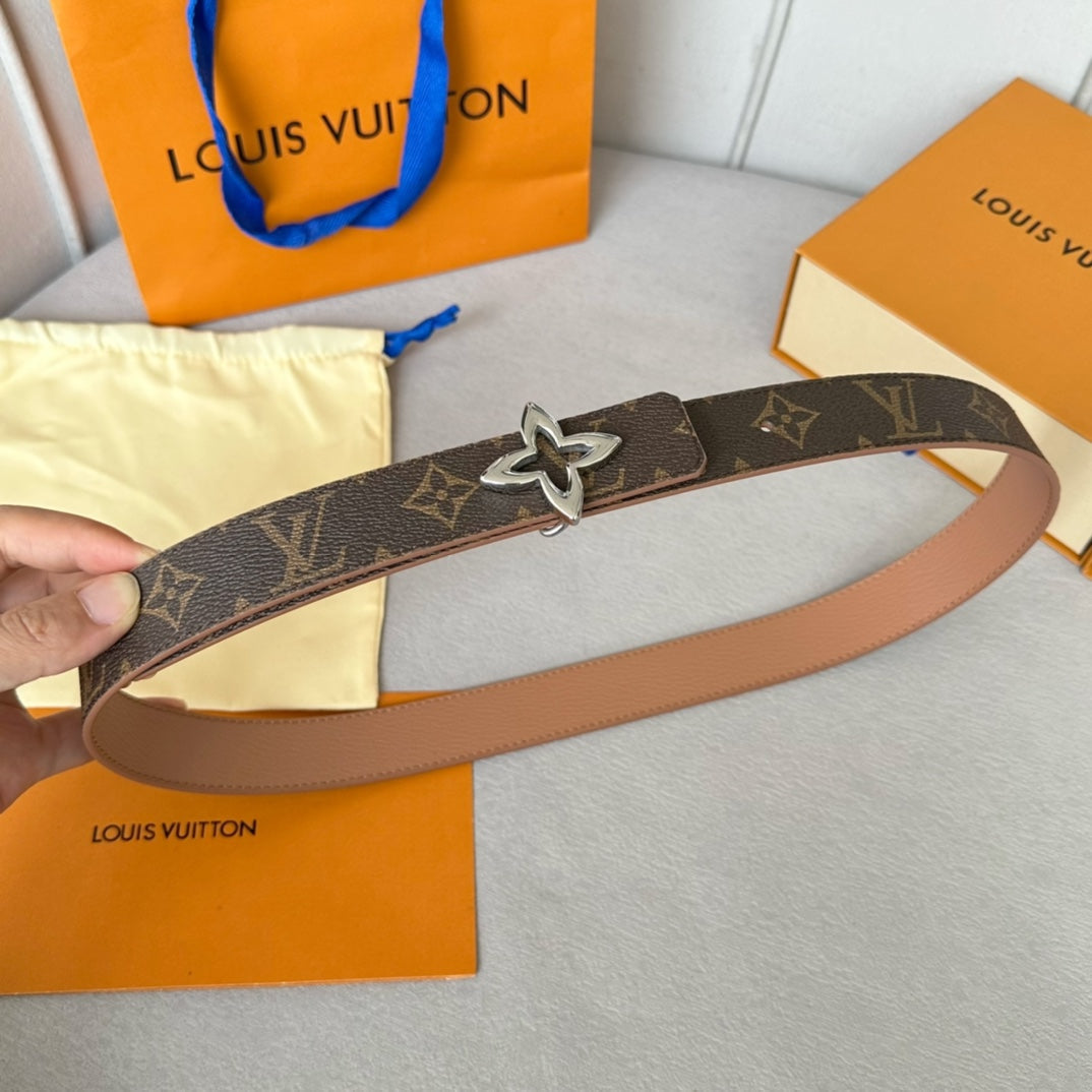 LV  MINI FLOWERGRAM 30MM REVERSIBLE BELT IN BUFF BROWN CALFSKIN SILVER HARDWARE