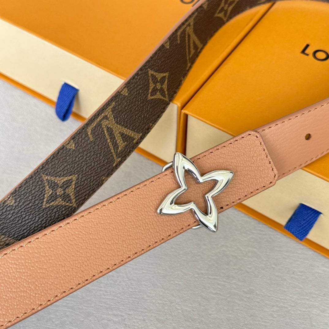 LV  MINI FLOWERGRAM 30MM REVERSIBLE BELT IN BUFF BROWN CALFSKIN SILVER HARDWARE