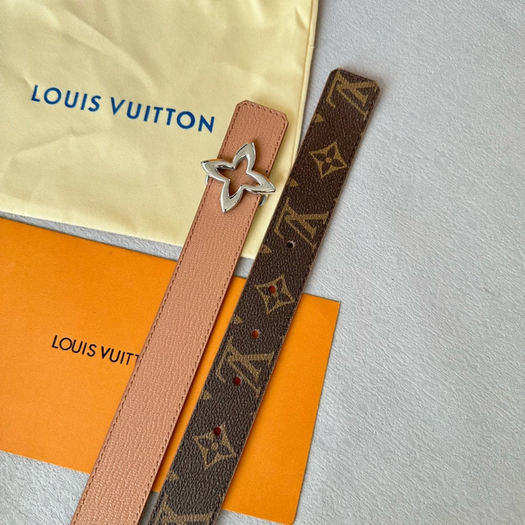 LV  MINI FLOWERGRAM 30MM REVERSIBLE BELT IN BUFF BROWN CALFSKIN SILVER HARDWARE