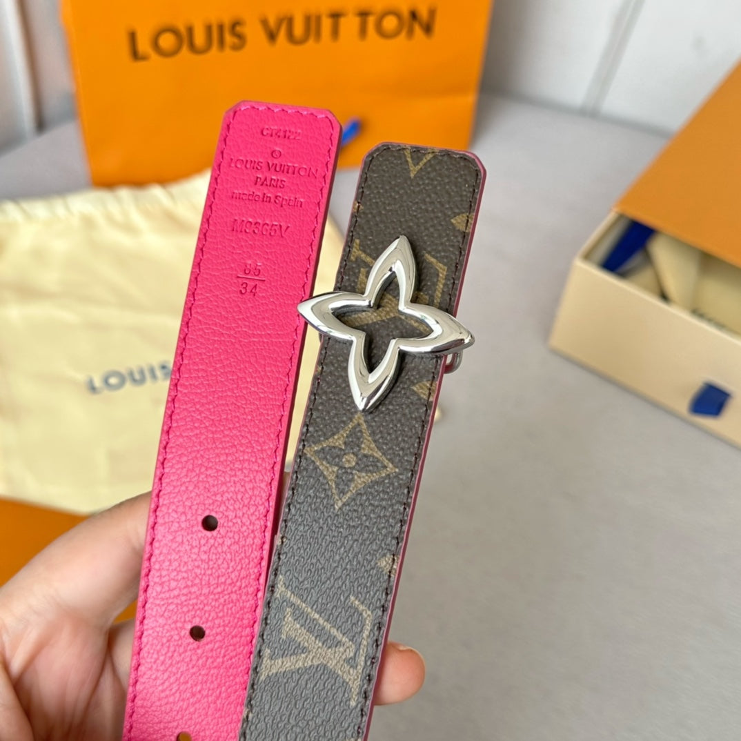 LV  MINI FLOWERGRAM 30MM REVERSIBLE BELT IN BRIGHT PINK CALFSKIN SILVER HARDWARE