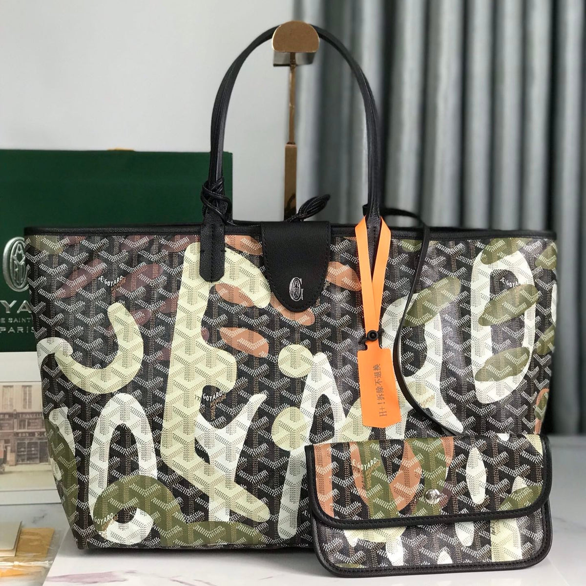 SAINT LOUIS PM BAG 34 IN GREEN LETTRES CAMOUFLAGE GOYARDINE CANVAS