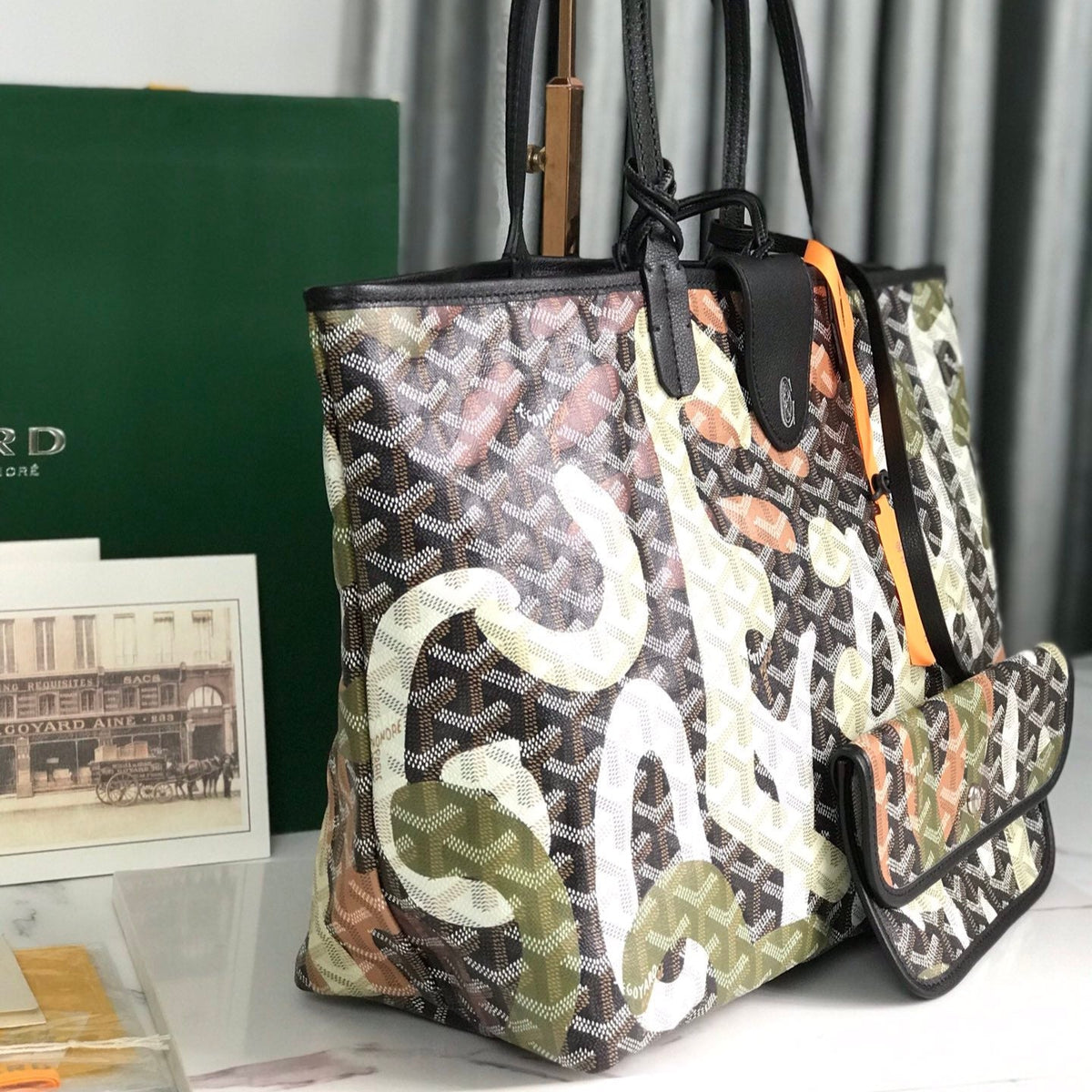 SAINT LOUIS PM BAG 34 IN GREEN LETTRES CAMOUFLAGE GOYARDINE CANVAS