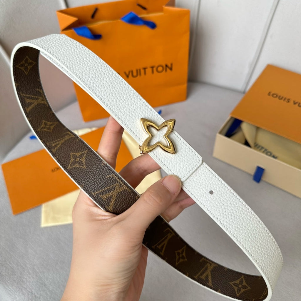 LV  MINI FLOWERGRAM 30MM REVERSIBLE BELT IN WHITE CALFSKIN GOLD HARDWARE
